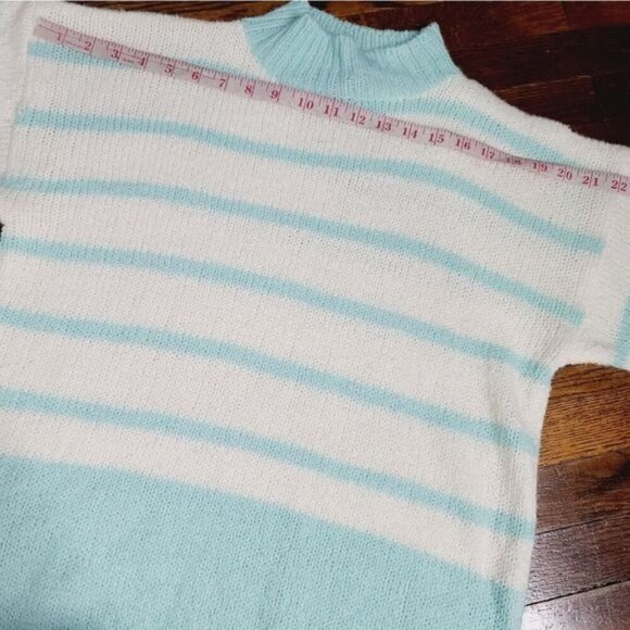 Vintage 80s Pastel Blue White Striped Chunky Cozy Mock Neck Sweater - Picture 7 of 12